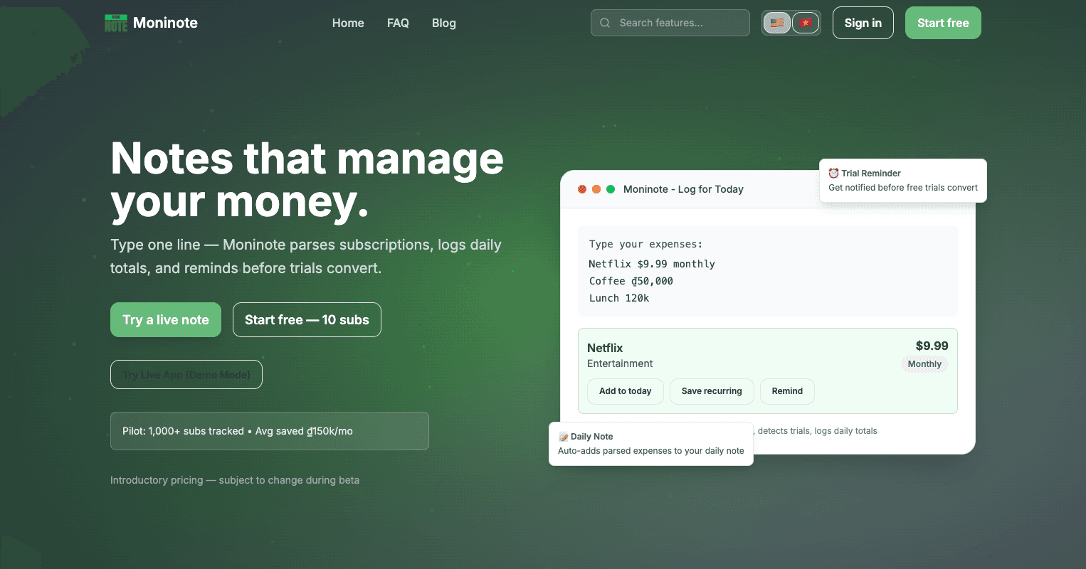 Moninote — Smart personal finance web app